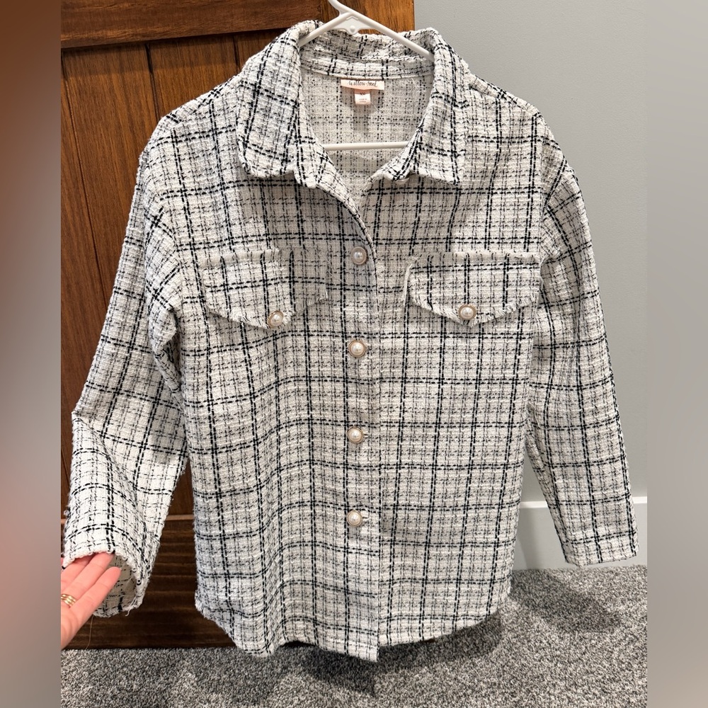 Willow + Root Tweed Button-Down Jacket with faux pearls size XS